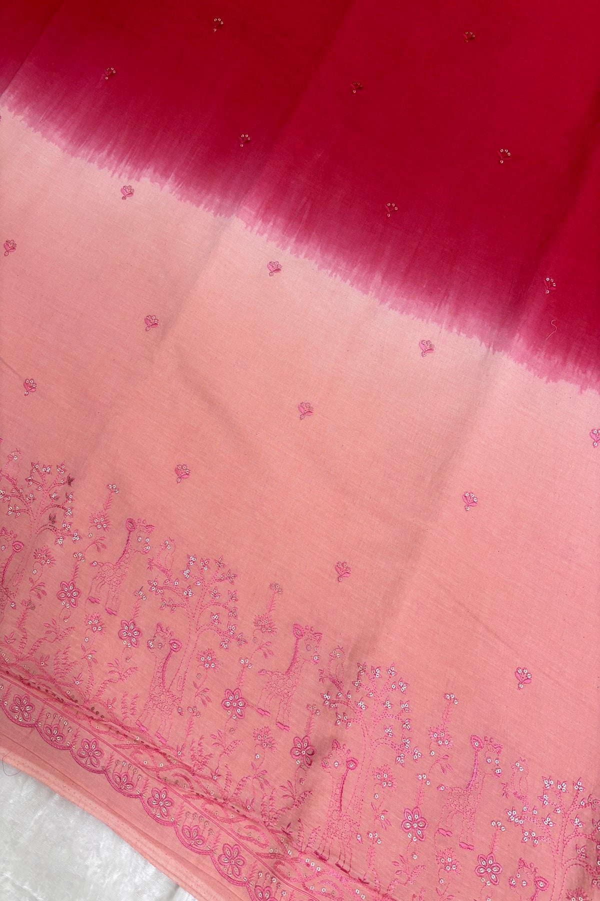 Peach & Red Jungle Theme Embroiderey With Scallop Border Highligted With Sequins Kora Cotton Fabric