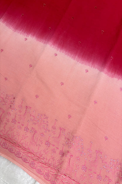 Peach & Red Jungle Theme Embroiderey With Scallop Border Highligted With Sequins Kora Cotton Fabric