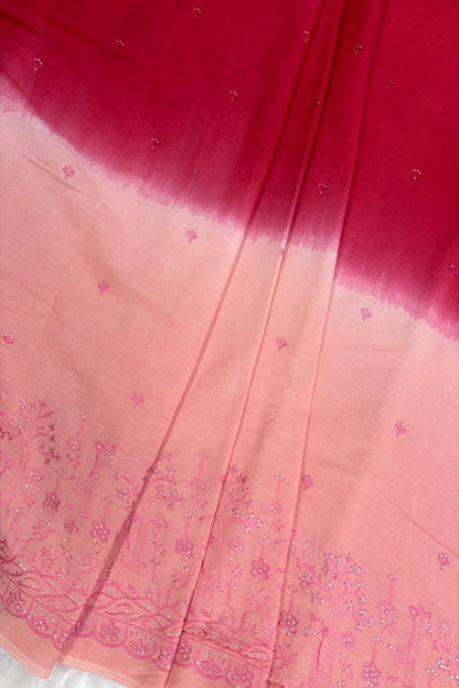 Peach & Red Jungle Theme Embroiderey With Scallop Border Highligted With Sequins Kora Cotton Fabric
