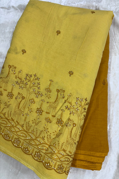 Hues Of Yellow Jungle Theme Embroiderey With Scallop Border Highligted With Sequins Kora Cotton Fabric
