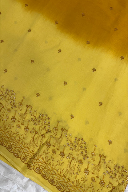 Hues Of Yellow Jungle Theme Embroiderey With Scallop Border Highligted With Sequins Kora Cotton Fabric