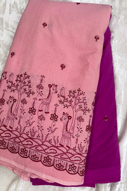 Hues Of PinkJungle Theme Embroiderey With Scallop Border Highligted With Sequins Kora Cotton Fabric