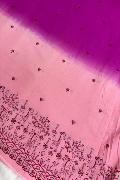 Hues Of PinkJungle Theme Embroiderey With Scallop Border Highligted With Sequins Kora Cotton Fabric