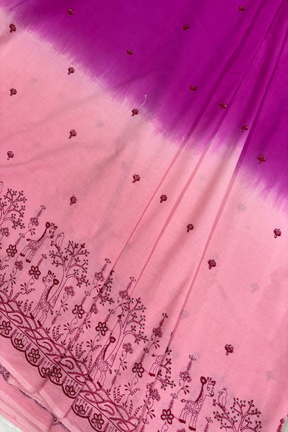 Hues Of PinkJungle Theme Embroiderey With Scallop Border Highligted With Sequins Kora Cotton Fabric