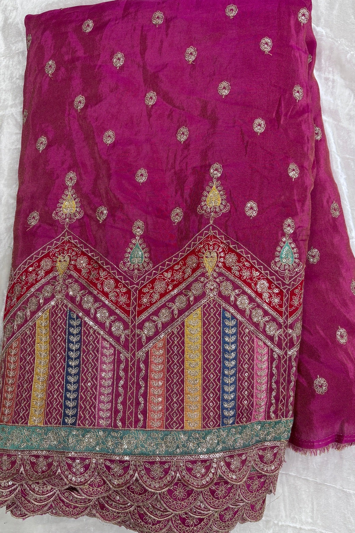 Multi Thread Embroidered Temple Shaped Border With Scallop Edges Uppada Tissue Lehenga Fabric
