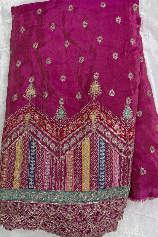 Multi Thread Embroidered Temple Shaped Border With Scallop Edges Uppada Tissue Lehenga Fabric
