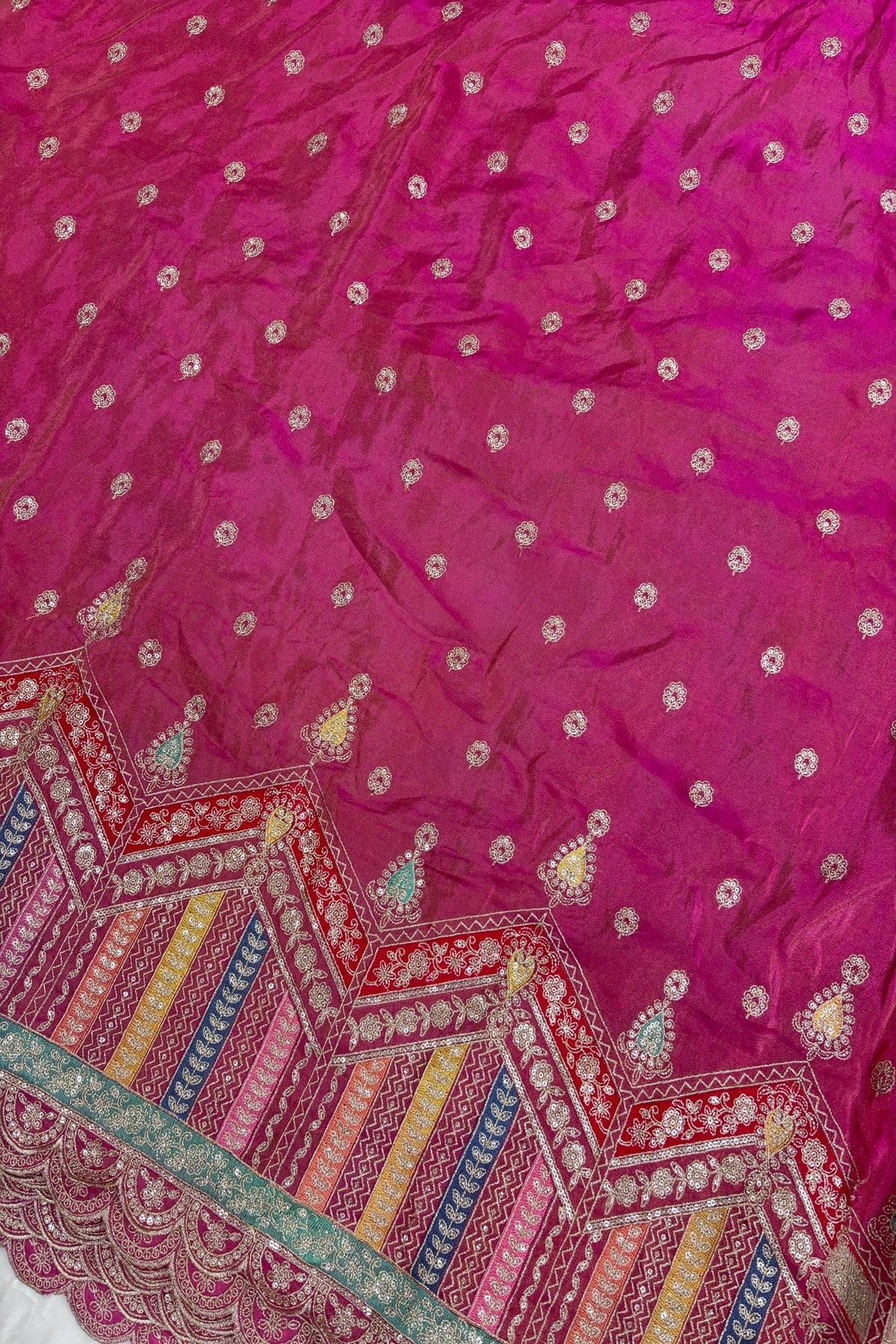 Multi Thread Embroidered Temple Shaped Border With Scallop Edges Uppada Tissue Lehenga Fabric