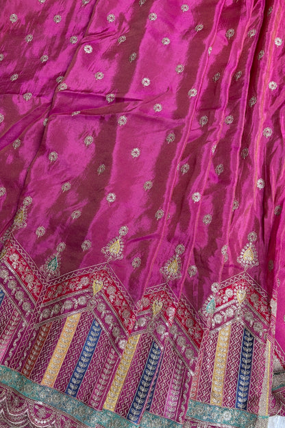 Multi Thread Embroidered Temple Shaped Border With Scallop Edges Uppada Tissue Lehenga Fabric