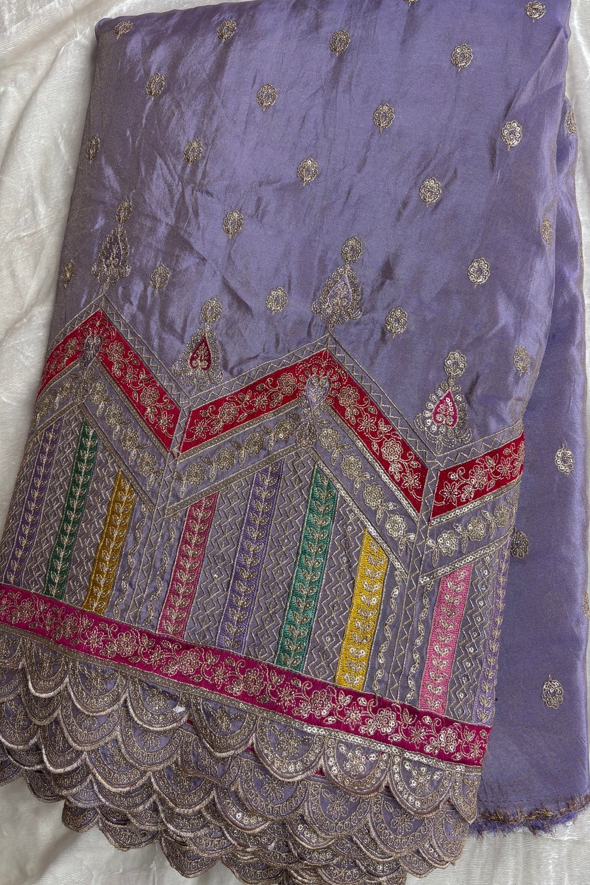 Multi Thread Embroidered Temple Shaped Border With Scallop Edges Uppada Tissue Lehenga Fabric