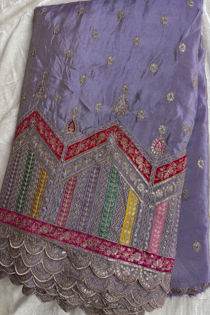 Multi Thread Embroidered Temple Shaped Border With Scallop Edges Uppada Tissue Lehenga Fabric