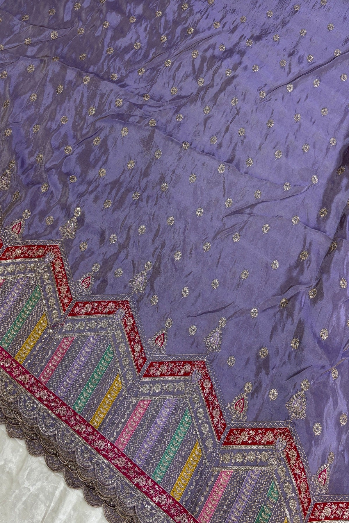 Multi Thread Embroidered Temple Shaped Border With Scallop Edges Uppada Tissue Lehenga Fabric