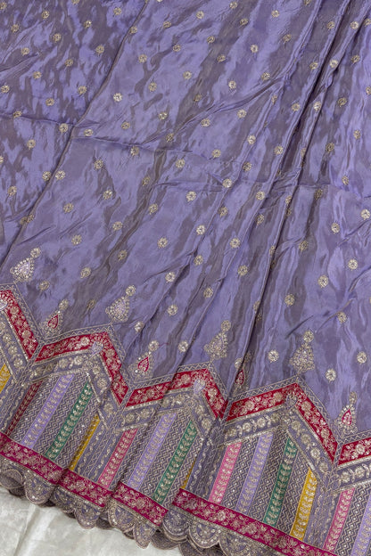 Multi Thread Embroidered Temple Shaped Border With Scallop Edges Uppada Tissue Lehenga Fabric