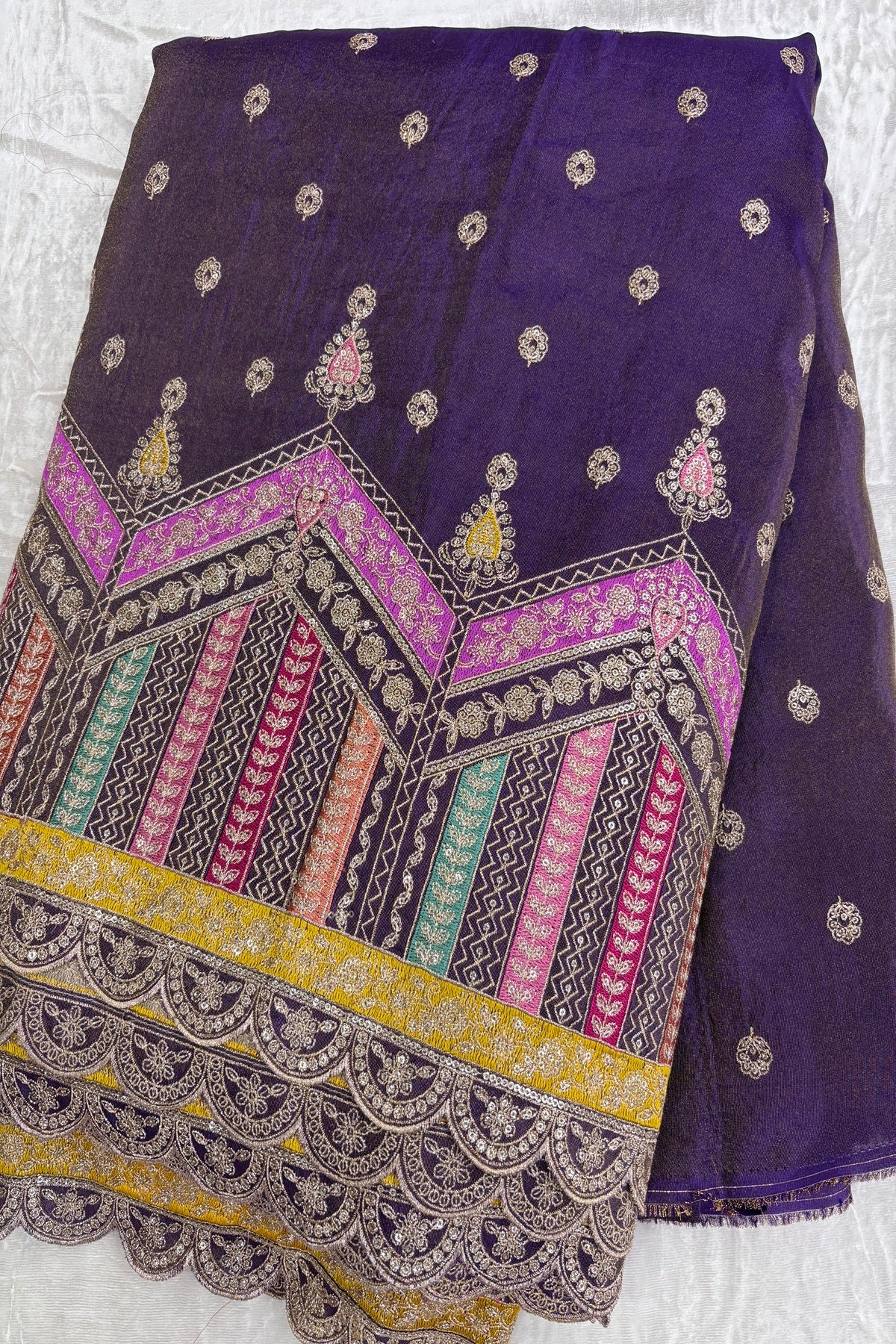 Multi Thread Embroidered Temple Shaped Border With Scallop Edges Uppada Tissue Lehenga Fabric