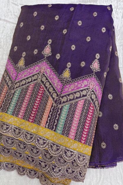 Multi Thread Embroidered Temple Shaped Border With Scallop Edges Uppada Tissue Lehenga Fabric