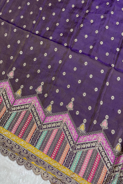 Multi Thread Embroidered Temple Shaped Border With Scallop Edges Uppada Tissue Lehenga Fabric