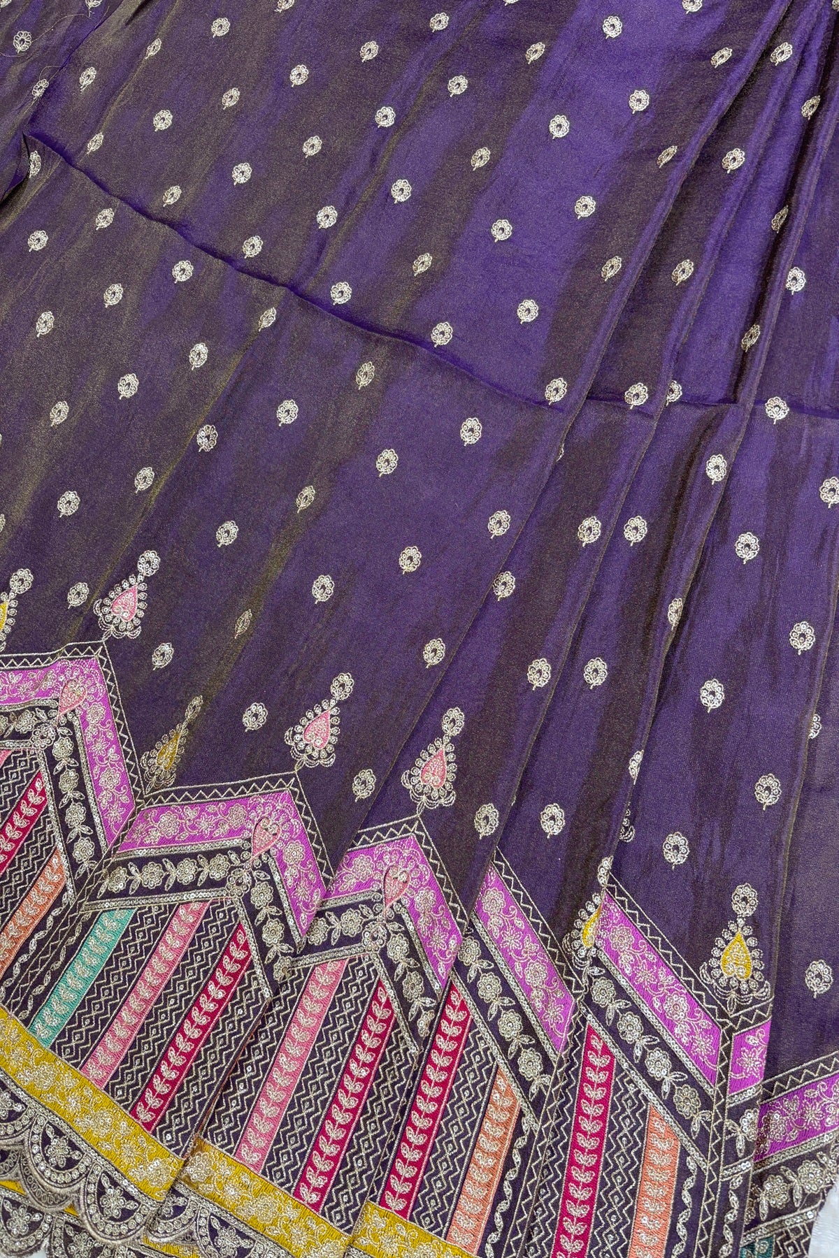 Multi Thread Embroidered Temple Shaped Border With Scallop Edges Uppada Tissue Lehenga Fabric