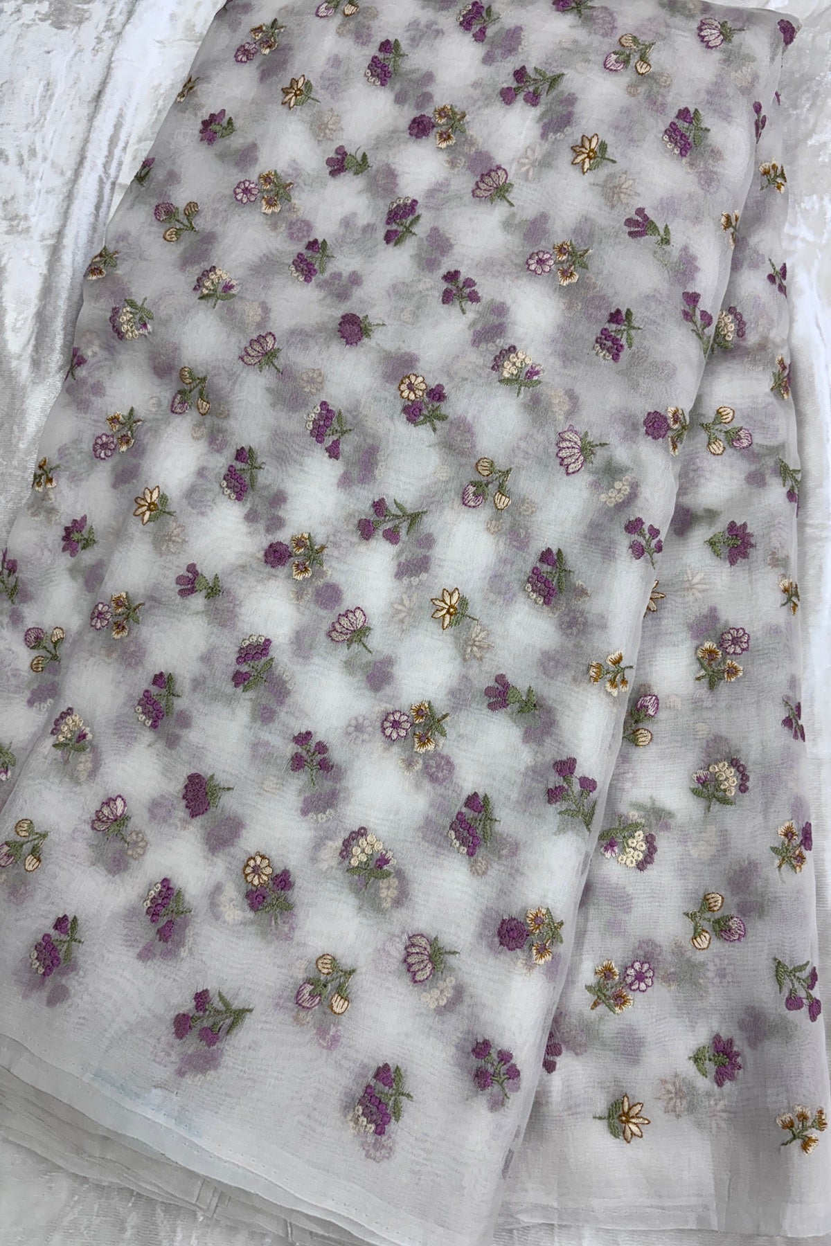 Pure Organza Pink & Yellow Floral Embroidered White Dyeable Fabric