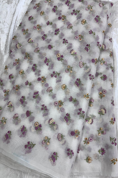 Pure Organza Pink & Yellow Floral Embroidered White Dyeable Fabric