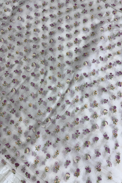 Pure Organza Pink & Yellow Floral Embroidered White Dyeable Fabric