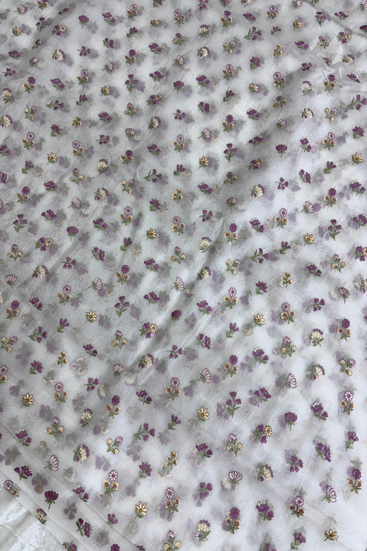 Pure Organza Pink & Yellow Floral Embroidered White Dyeable Fabric