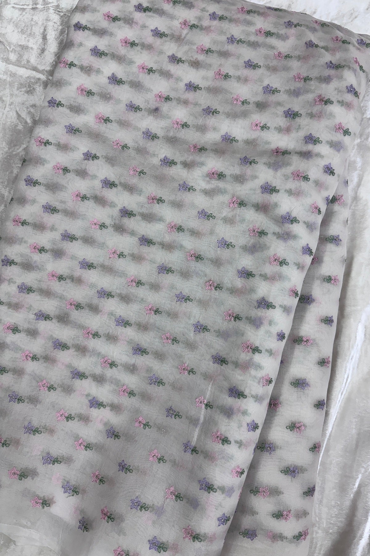 Pure Organza Pink & Lavender Floral Embroidered White Dyeable Fabric
