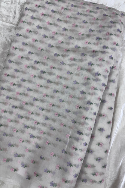 Pure Organza Pink & Lavender Floral Embroidered White Dyeable Fabric