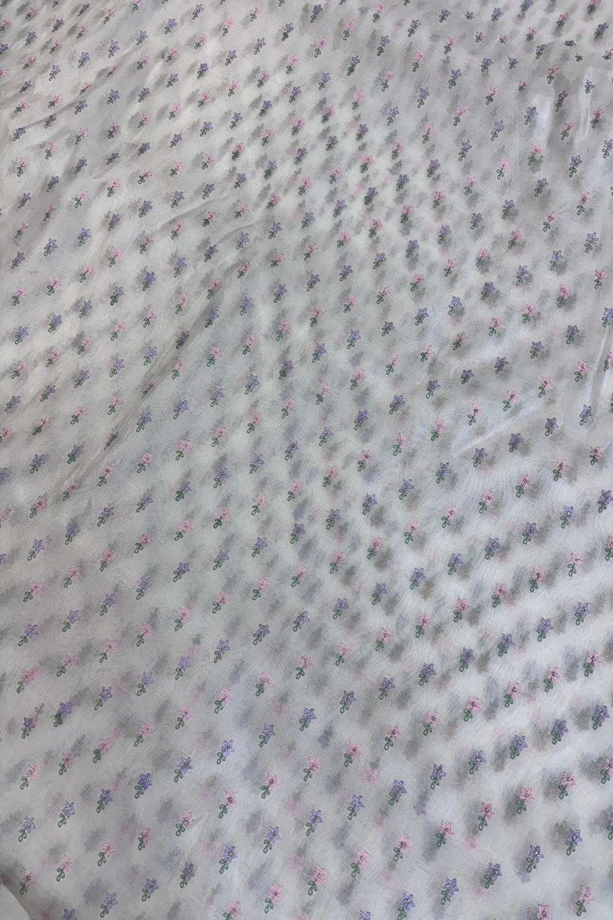Pure Organza Pink & Lavender Floral Embroidered White Dyeable Fabric