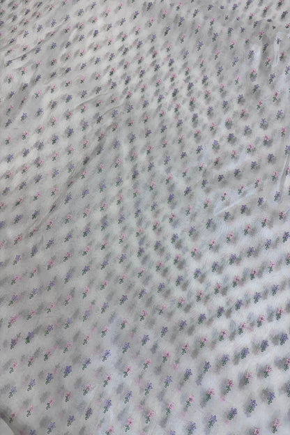 Pure Organza Pink & Lavender Floral Embroidered White Dyeable Fabric