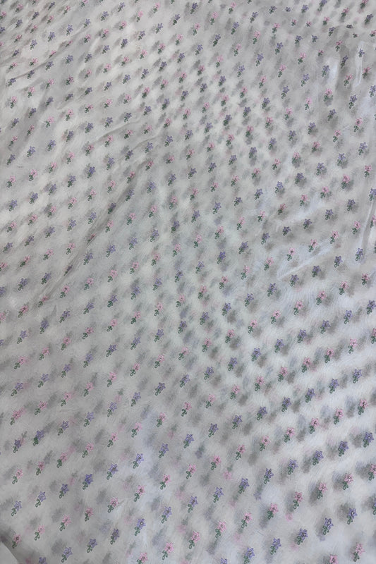 Pure Organza Pink & Lavender Floral Embroidered White Dyeable Fabric