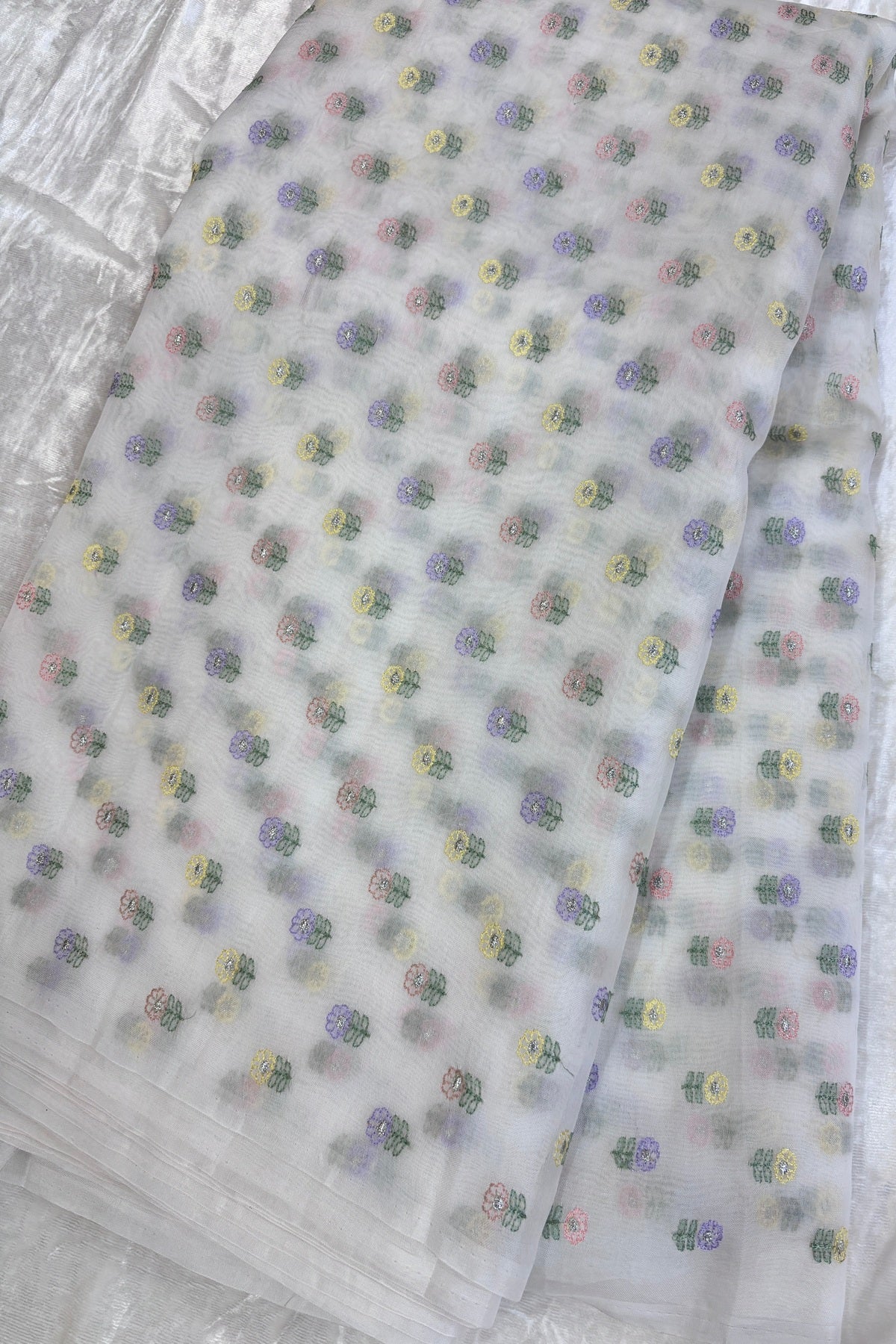 Pure Organza Peach,Yellow & Lavender Floral Embroidered White Dyeable Fabric