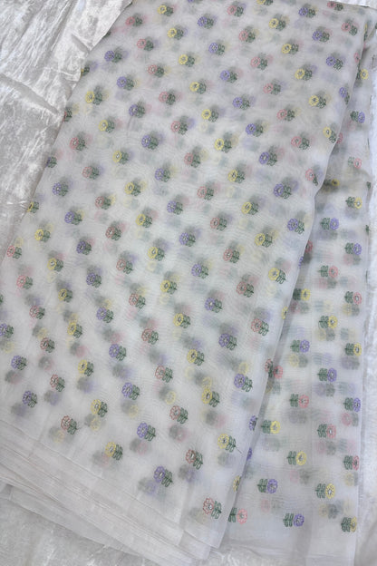 Pure Organza Peach,Yellow & Lavender Floral Embroidered White Dyeable Fabric