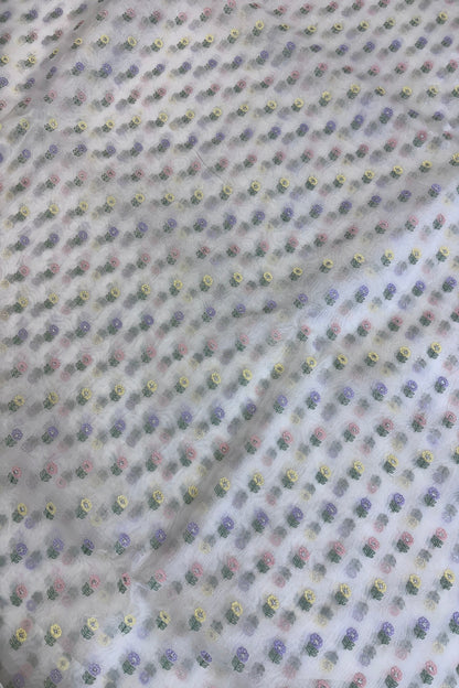 Pure Organza Peach,Yellow & Lavender Floral Embroidered White Dyeable Fabric
