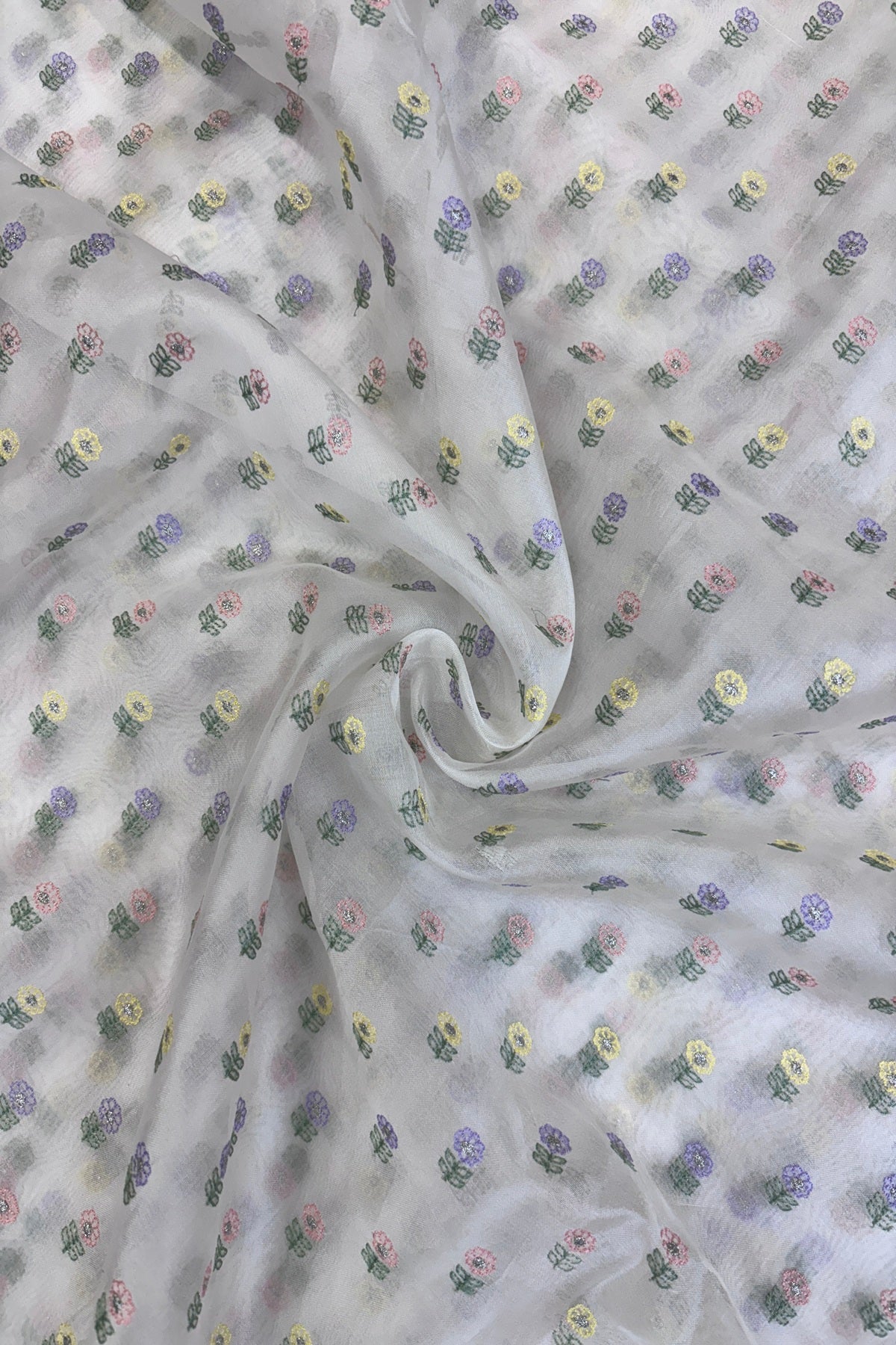 Pure Organza Peach,Yellow & Lavender Floral Embroidered White Dyeable Fabric