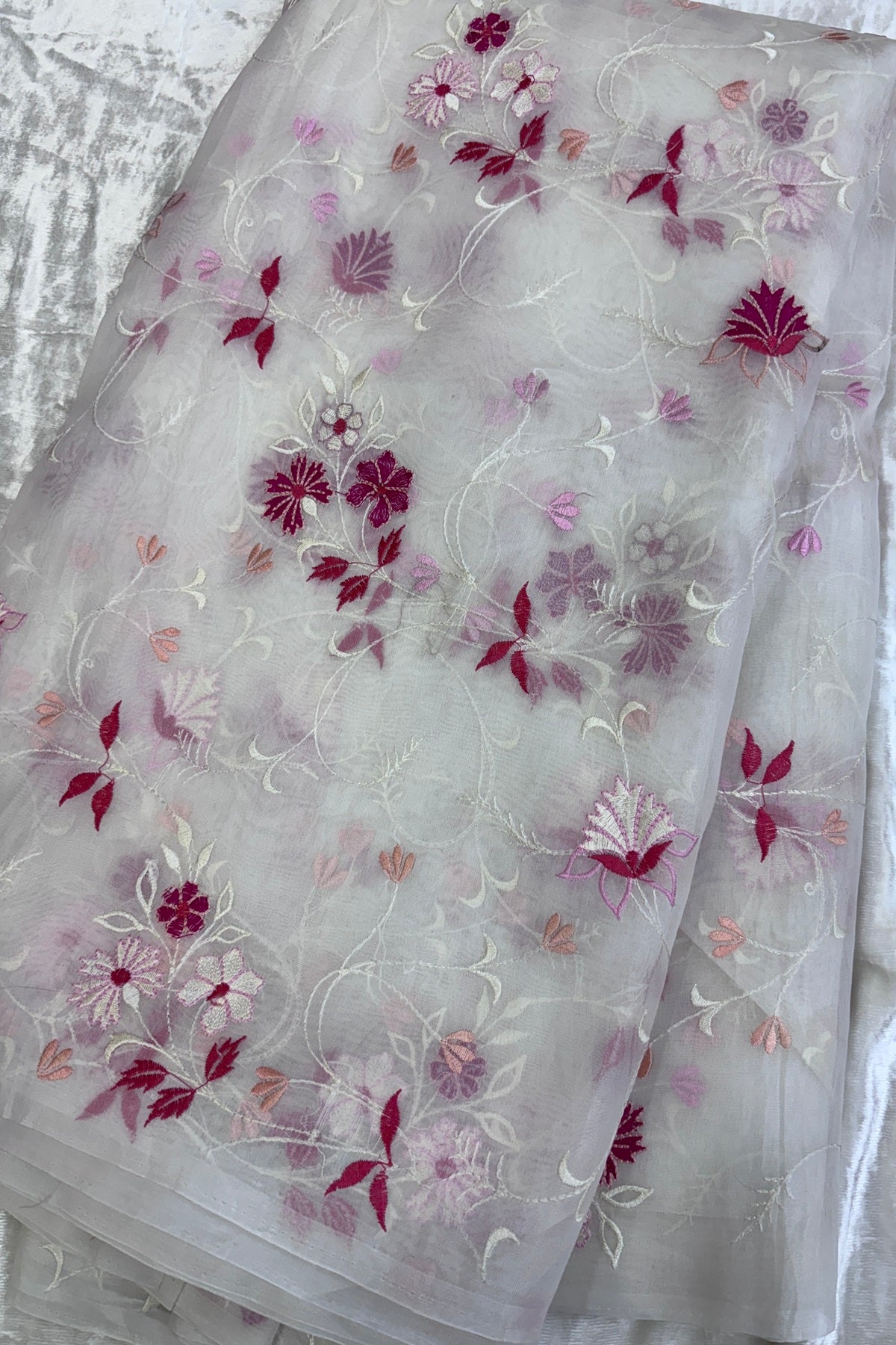 Pure Organza Pink & Peach  Floral Creeper Embroidered White Dyeable Fabric