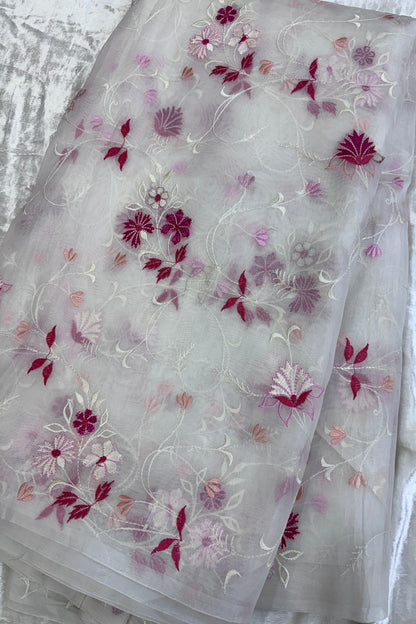 Pure Organza Pink & Peach  Floral Creeper Embroidered White Dyeable Fabric