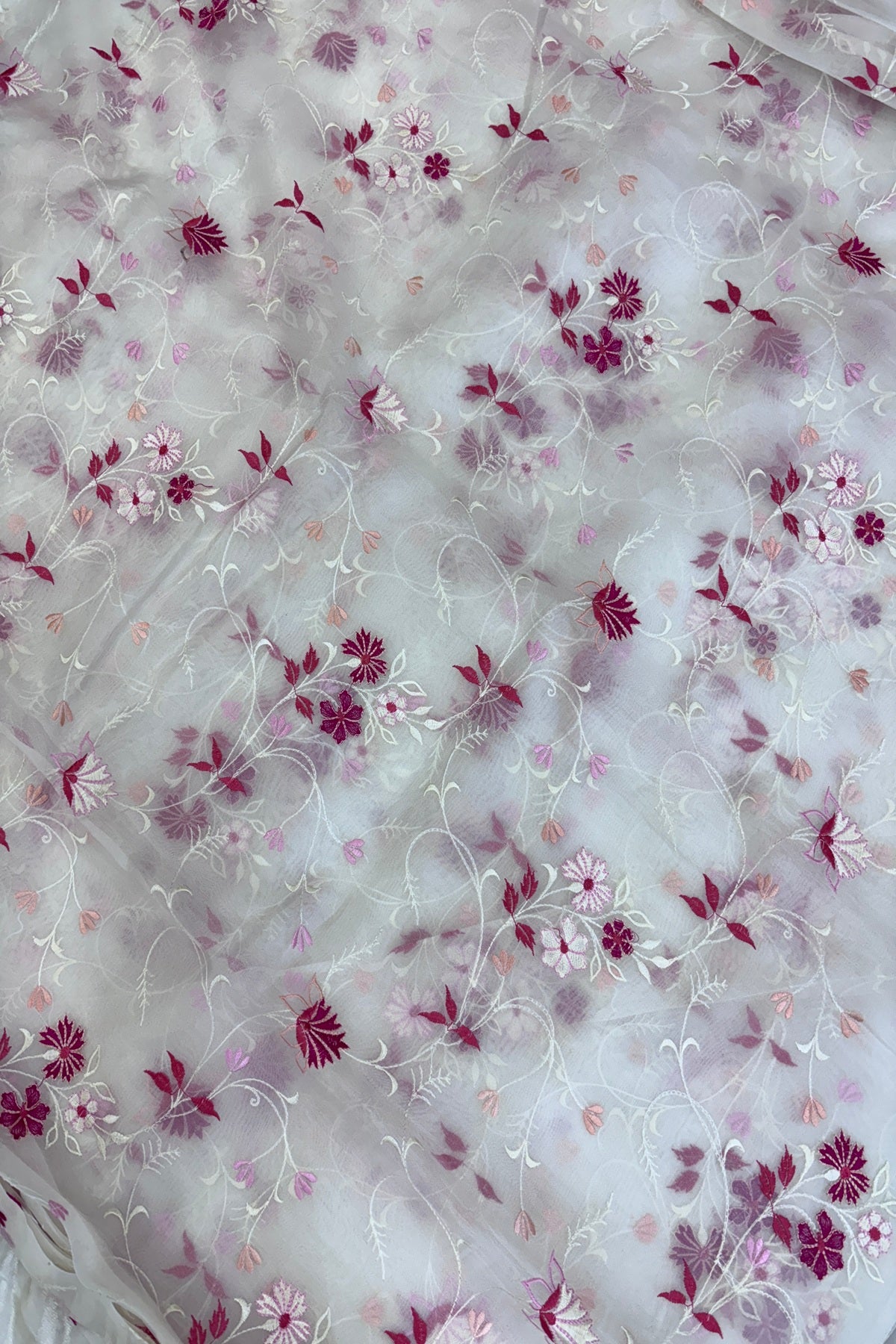 Pure Organza Pink & Peach  Floral Creeper Embroidered White Dyeable Fabric
