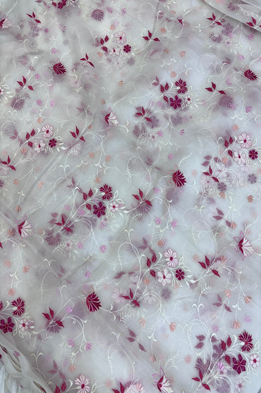 Pure Organza Pink & Peach  Floral Creeper Embroidered White Dyeable Fabric