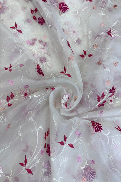 Pure Organza Pink & Peach  Floral Creeper Embroidered White Dyeable Fabric