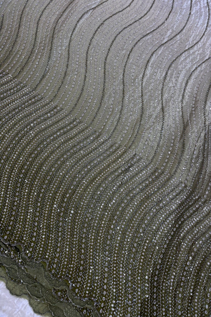 Hues Of Olive Green Cross Wave Pattern Embroidered With Cutbeads & Sequins Space Silk Fabric