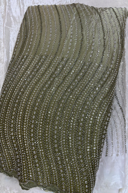 Hues Of Olive Green Cross Wave Pattern Embroidered With Cutbeads & Sequins Space Silk Fabric