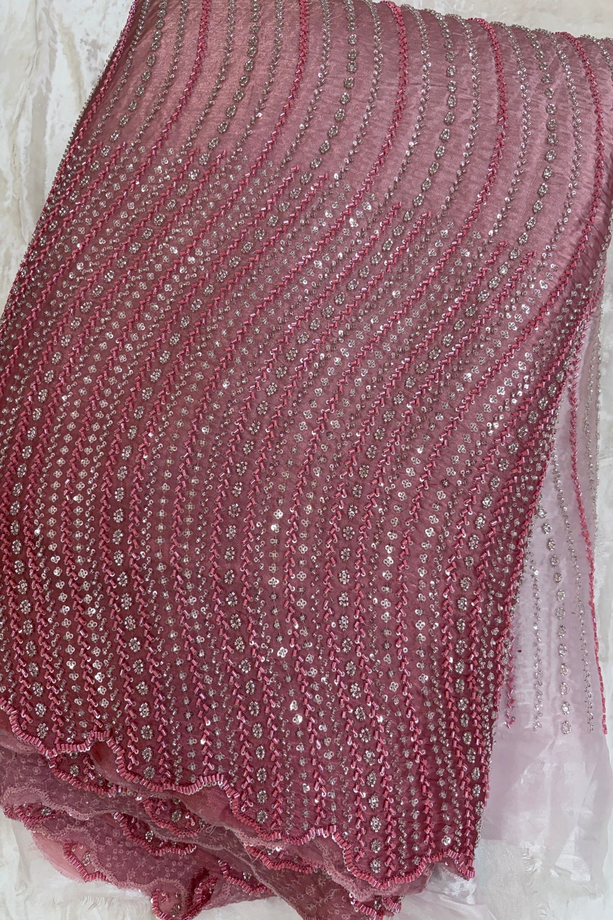 Hues Of Peach Cross Wave Pattern Embroidered With Cutbeads & Sequins Space Silk Fabric