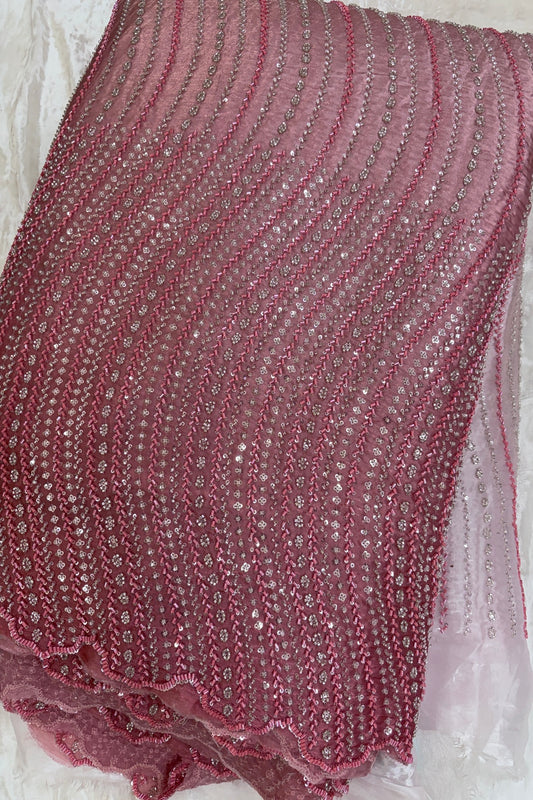 Hues Of Peach Cross Wave Pattern Embroidered With Cutbeads & Sequins Space Silk Fabric