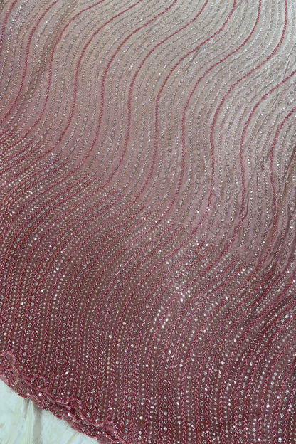 Hues Of Peach Cross Wave Pattern Embroidered With Cutbeads & Sequins Space Silk Fabric