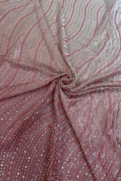 Hues Of Peach Cross Wave Pattern Embroidered With Cutbeads & Sequins Space Silk Fabric