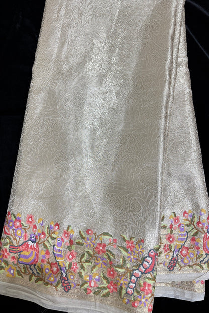 Self Brocade Woven With Parsi Embroidery Silver Pure TIssue Fabric