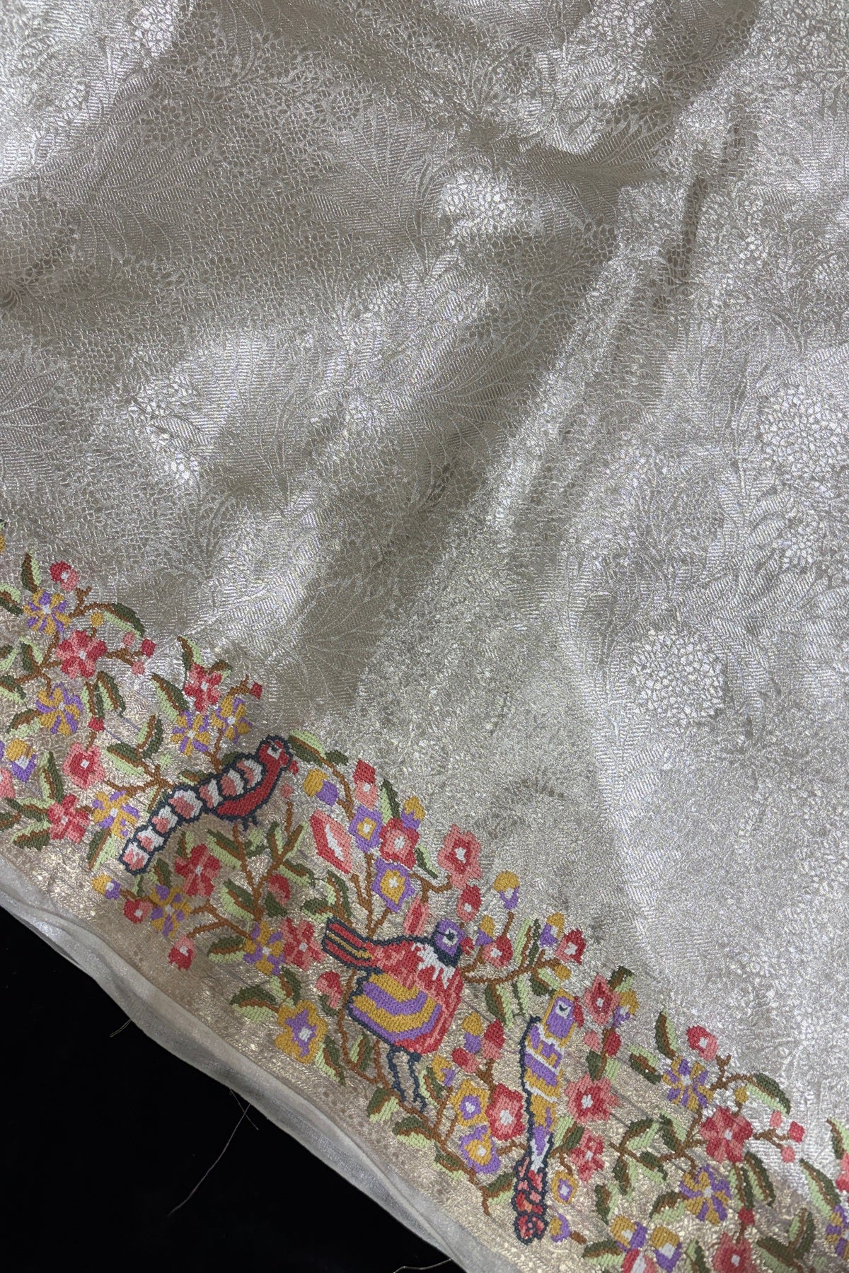 Self Brocade Woven With Parsi Embroidery Silver Pure TIssue Fabric