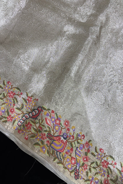 Self Brocade Woven With Parsi Embroidery Silver Pure TIssue Fabric