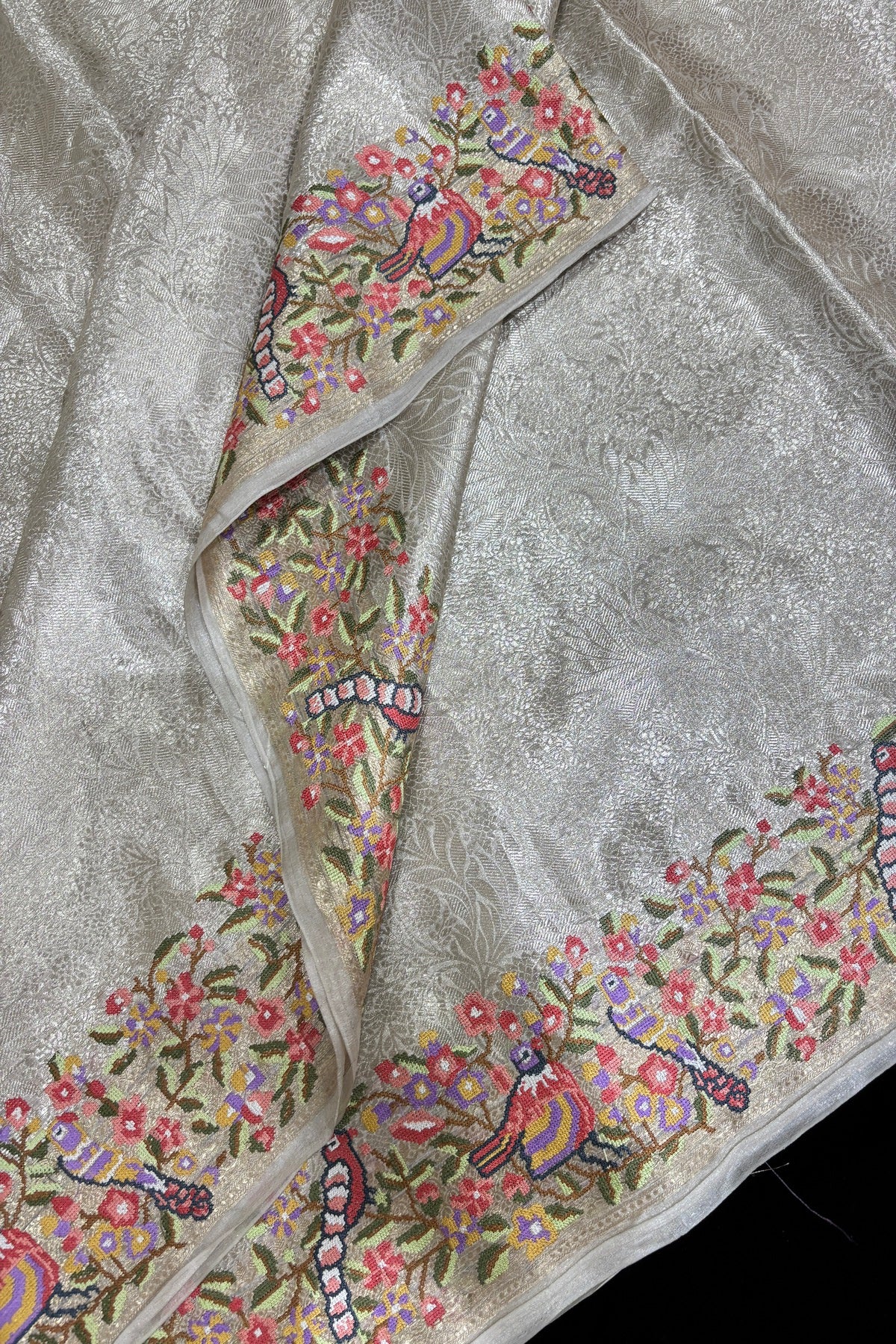 Self Brocade Woven With Parsi Embroidery Silver Pure TIssue Fabric