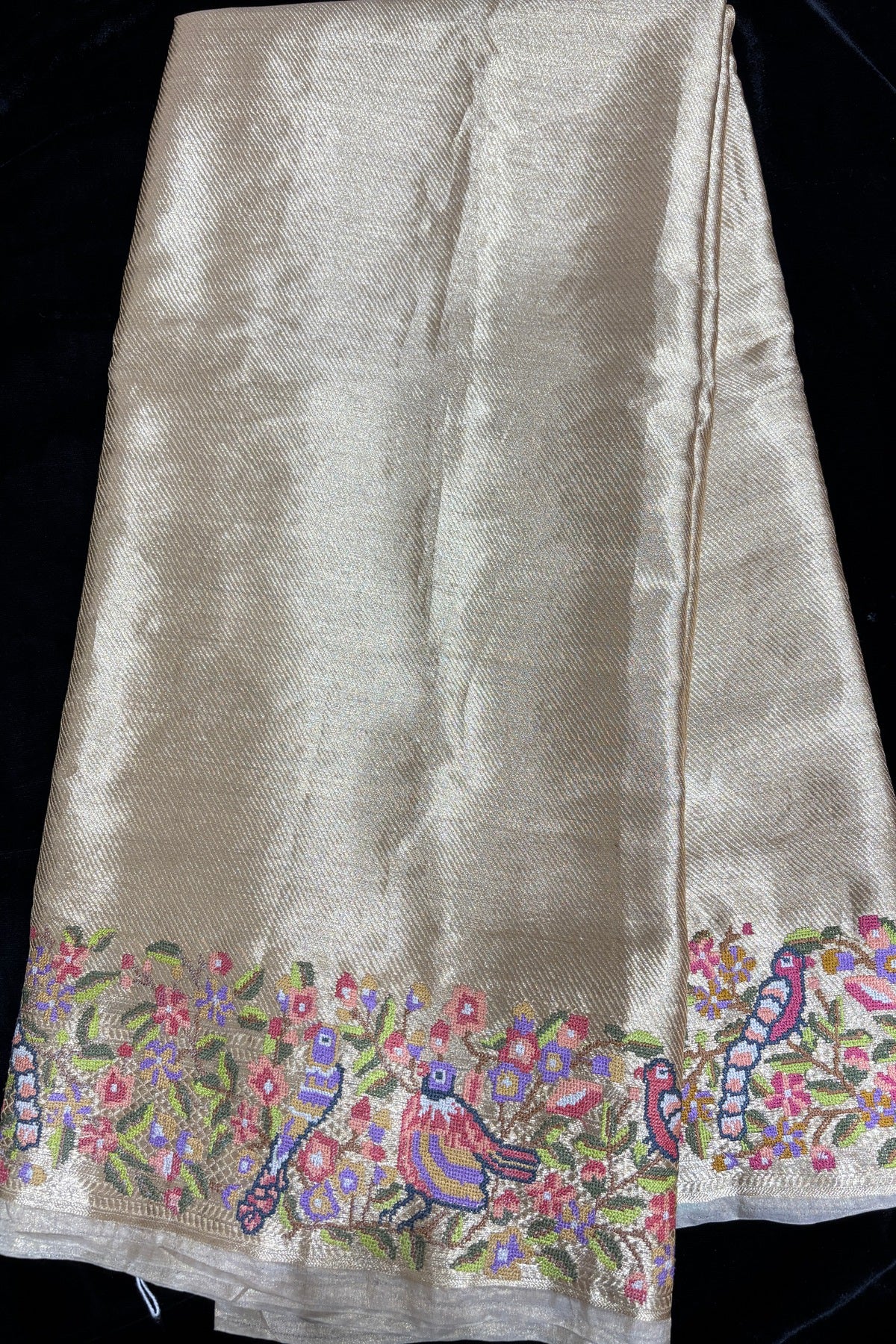 Cross Zari Woven Lines With Parsi Embroidery Golden Pure TIssue Fabric