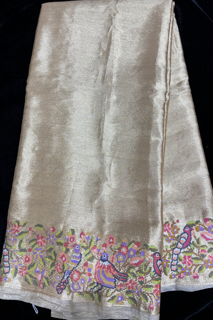 Cross Zari Woven Lines With Parsi Embroidery Golden Pure TIssue Fabric